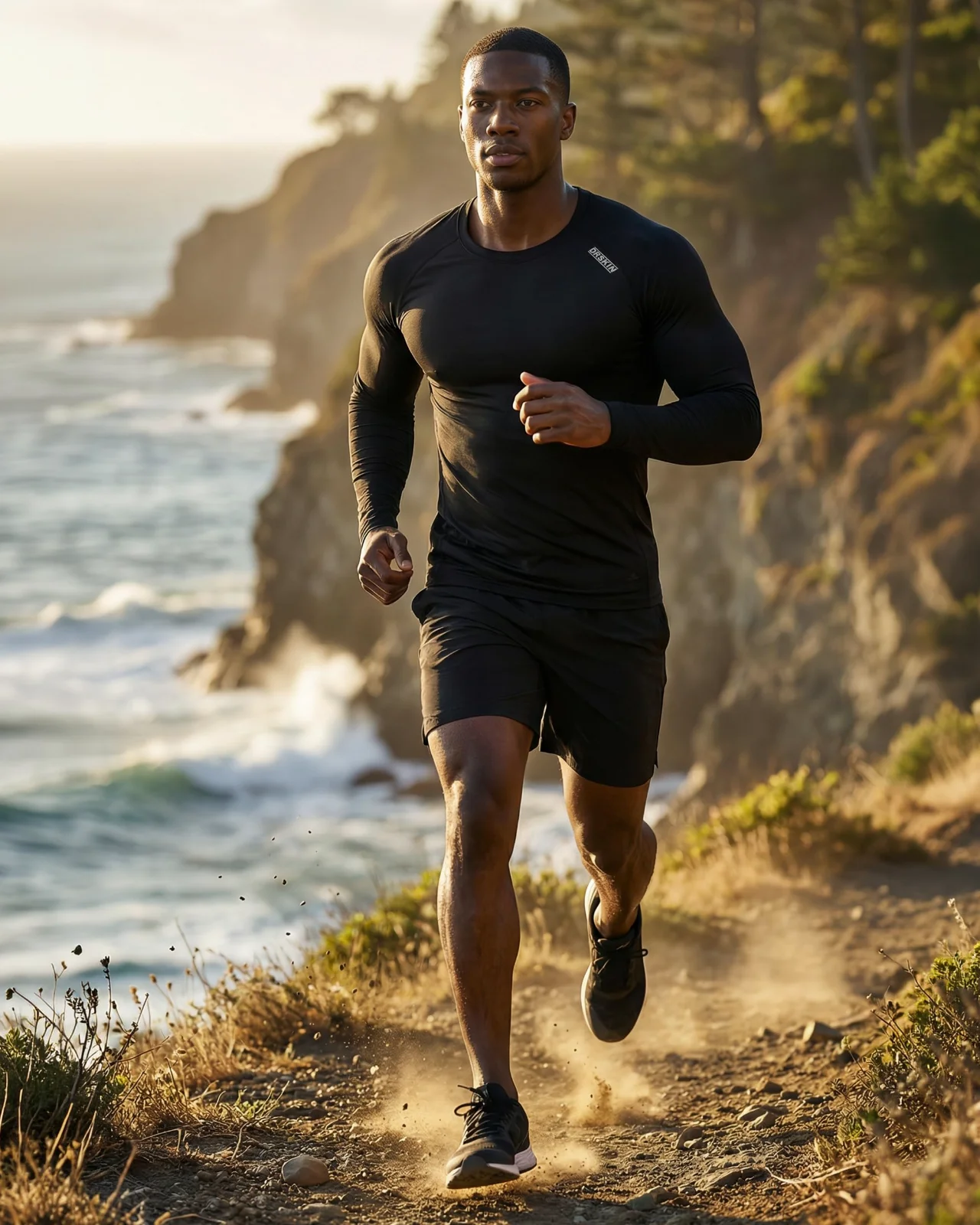 A black long-sleeve base layer running a cliff path at sunrise, the sea and the headland behind