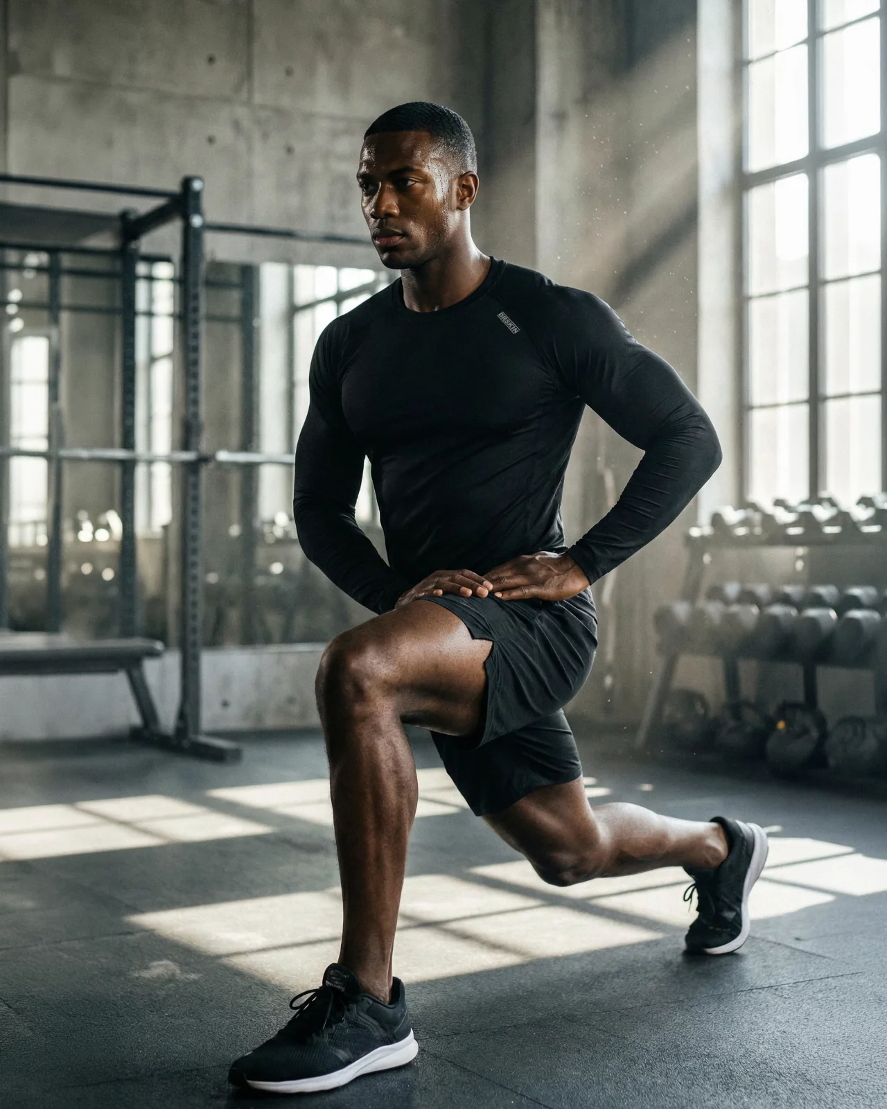 A black long-sleeve base layer in a gym, a kettlebell swung at the bottom of a lunge, industrial windows behind